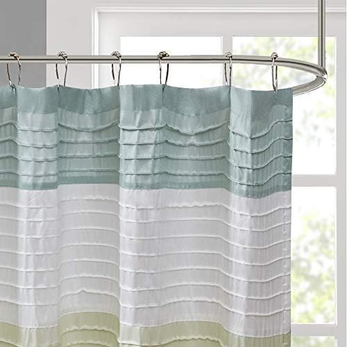 Madison Park Amherst 72 x 72 Bathroom Shower Curtain, Faux Silk, Green | Modern Classic, Light Sheen, Pieced, Striped, Microfiber, Machine Washable, OEKO-TEX Certified, Amherst