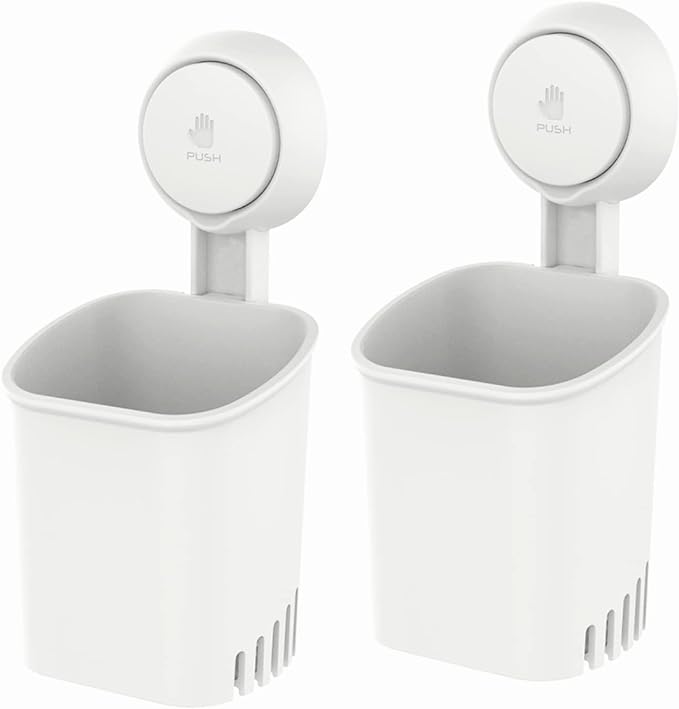 Powerful Suction Toothbrush Holder, Removable Drill-Free Wall Shower Holder for Toothbrush, Toothpaste, Razor, Self-draining Suction Cup in Shower, Kitchen Tableware Organizer, White, 2 Pack
