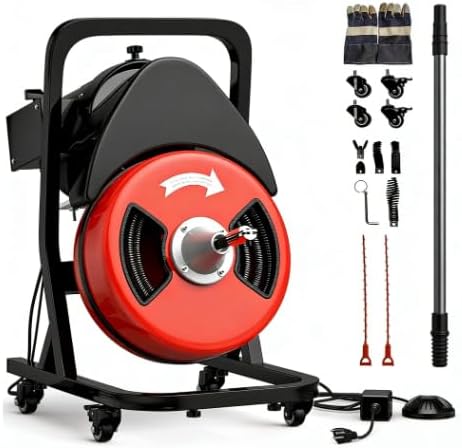 50FTx1/2 Inch Drain Cleaner Machine with Wheels, Sewer Snake Electric Drain | Plumbing Snake Auger Cleaner for 2" to 4" Pipes with 6 Cutter & Foot Switch for Sewer, Sink, Toilet, Bathroom