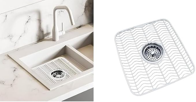 Dependable Industries Inc. Essentials 2 Pack Plastic Sink Protector Mat with Center Drain Cutout Protect Sink and Glasses and Dishes from Scratches and Breaks 12" x 11" (White)