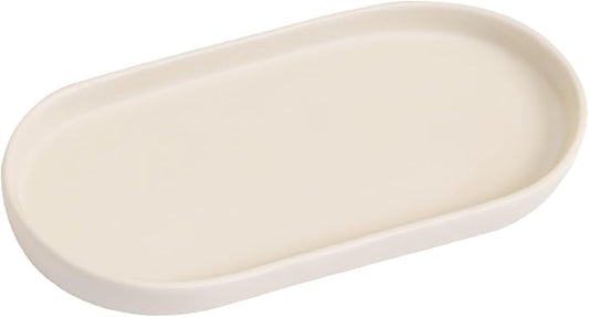 Matte Beige Round Soap Dispenser Tray - 8'' Ceramic Vanity Tray for Bathroom Decorative, Jewelry Ring Dish, Comestic Holder, Kitchen Sink Countertop Organizer Plate