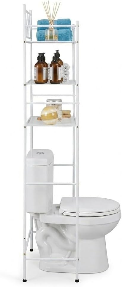 Home Zone Living Over-the-Toilet Bathroom Storage Cabinet Organizer | Freestanding Steel Frame Design with 3-Tier Shelves and Adjustable Feet, White