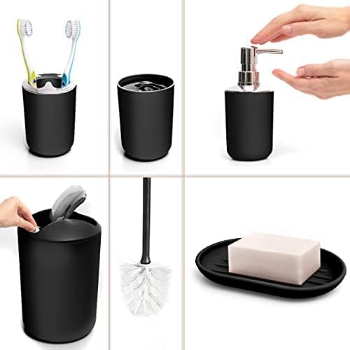 Moss & Stone 6-Piece Black Bathroom Accessories Set, Soap Dispenser | Modern Plastic Bathroom Set with Toothbrush Holder, Soap Dish, Cup & Trash Can for Countertop Organization and Bathroom Decor