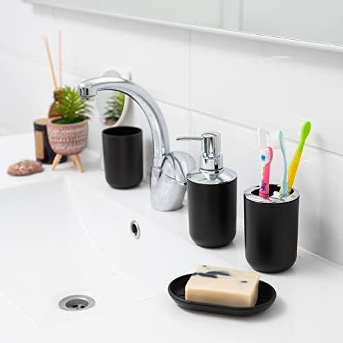 Moss & Stone 6-Piece Black Bathroom Accessories Set, Soap Dispenser | Modern Plastic Bathroom Set with Toothbrush Holder, Soap Dish, Cup & Trash Can for Countertop Organization and Bathroom Decor