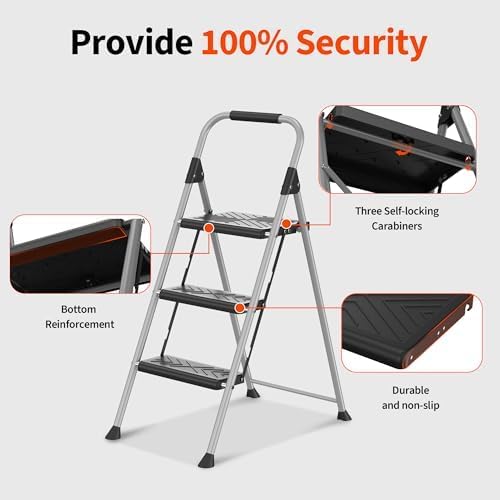 3-Step Folding Ladder, Non-Slip Wide Pedal Step Stool with Soft Handle and Stable Feet, Heavy-Duty Steel Structure, 900lbs Capacity, Foldable Design for Home and Office, Grey
