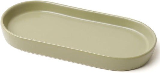 Matte Green Ceramic Bathroom Tray for Countertop, Minimalist Vanity Organizer Dish for Perfume, Jewelry & Soap, Oval Decorative Tray for Bathroom Sink, Dresser, Coffee Bar or Kitchen Counter