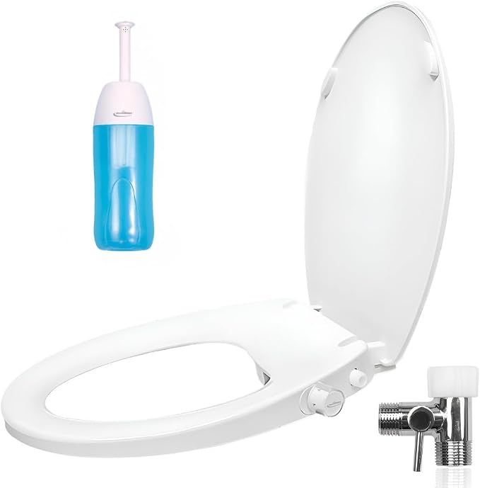 GenieBidet Left Side Bidet Toilet Seat Elongated - Dual Nozzles with T adapter & Bottle - Adjustable Water Pressure & Slow Close Bidet Seat Elongated with No Wiring & Easy Installation