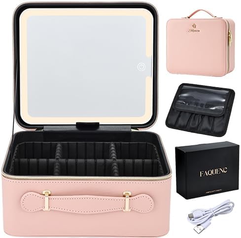 Faquenc Leather Makeup Bag with LED Lighted Mirror 9.64 Inch Travel Makeup Organizer Bag Adjustable Brightness in 3 Colors Cosmetic Case Artist Storage Bag with Dividers Brush Holder Bag Vanity Pink