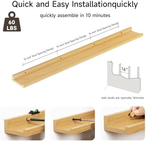 Floating Picture Ledge Shelves for Wall Set of 2, 55 Inches Picture Shelf with Ledge, Nursery Book Shelf for Toys Storage Kids Bookshelf Wall Mounted Living Room Bedroom Decor Frames, Oak