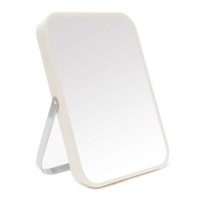 YEAKE Table Desk Vanity Makeup Mirror,8-Inch Portable Folding Mirror with Metal Stand 90°Adjustable Rotation Tavel Make Up Mirror Hanging Bathroom for Shower Shaving(White)