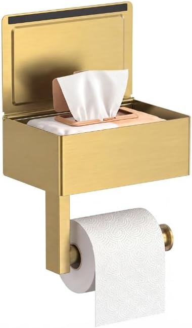 FORIOUS Toilet Paper Holder with Shelf, Wall-Mounted Modern Wipes Dispenser | Brushed Gold | Toilet Paper Holder with Storage | Baby Wipes Dispenser for Bathroom | 6.5"x4.5" Lighter Shelf