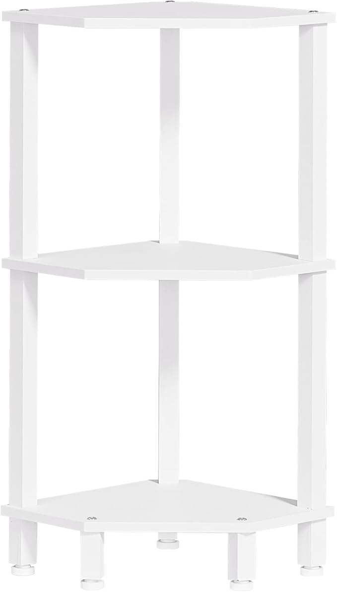 YUFAM 3-Tier Corner Shelf, White | Wooden Small Corner Table with Sturdy 5-Leg Base, Wooden Corner Bookshelf for Adjustable Base
