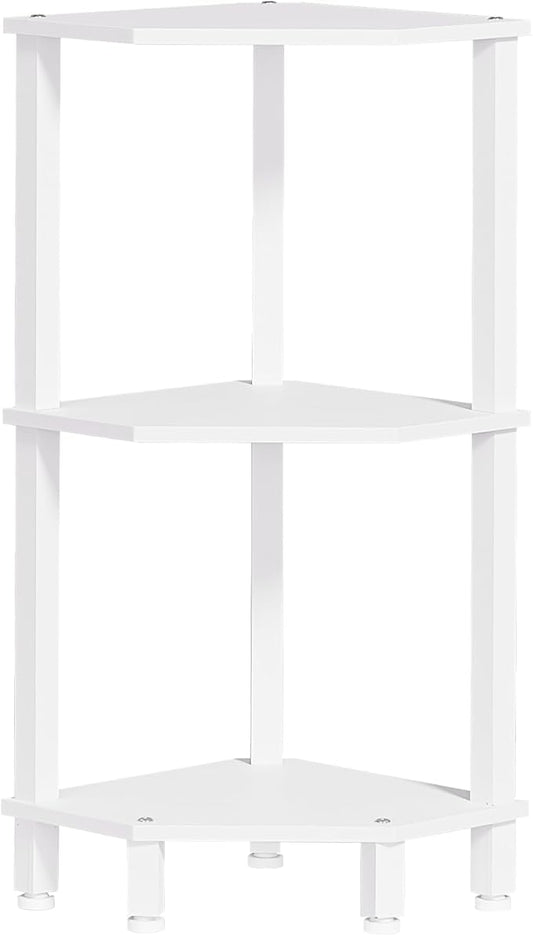 YUFAM 3-Tier Corner Shelf, White | Wooden Small Corner Table with Sturdy 5-Leg Base, Wooden Corner Bookshelf for Adjustable Base