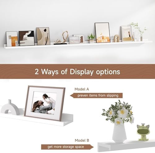 Floating Picture Ledge Shelves for Wall Set of 2, 84 Inches Picture Ledge Shelf with Long Large Nursery Book Shelf for Toys Storage Kids Bookshelf Wall Mounted Living Room Bedroom Decor Frames, White