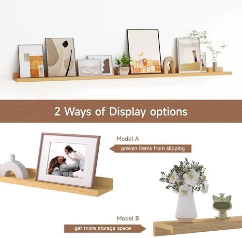 Floating Picture Ledge Shelves for Wall Set of 2, 55 Inches Picture Shelf with Ledge, Nursery Book Shelf for Toys Storage Kids Bookshelf Wall Mounted Living Room Bedroom Decor Frames, Oak