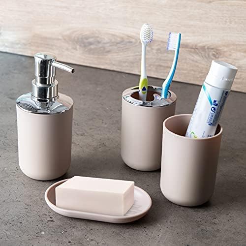 Moss & Stone 6-Piece BeigeBathroom Accessories Set, Soap Dispenser | Modern Plastic Bathroom Set with Toothbrush Holder, Soap Dish, Cup & Trash Can for Countertop Organization and Bathroom Decor