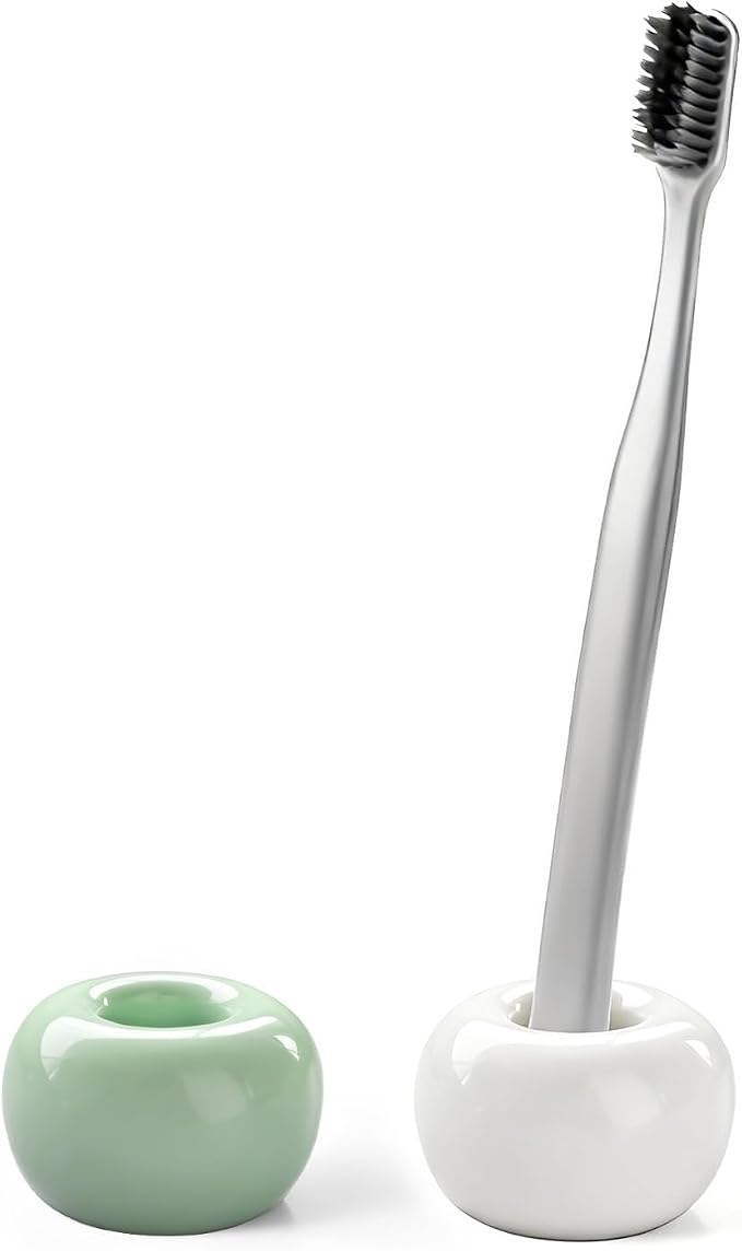 2Pcs Ceramic Toothbrush Holders for Bathrooms Countertop Toothbrush Holder Single Mini Toothbrush Holder Pen Holder Razor Holder Bathroom Tooth Brush Holder Toothbrush Stand (Green+White)