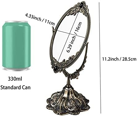 Feyarl Small Metal Vintage Makeup Mirror Floral Tabletop Oval Vanity Swivel Double Sided Mirror with Stand Elegant Decorative for Dressing Room Bedroom (Bronze)