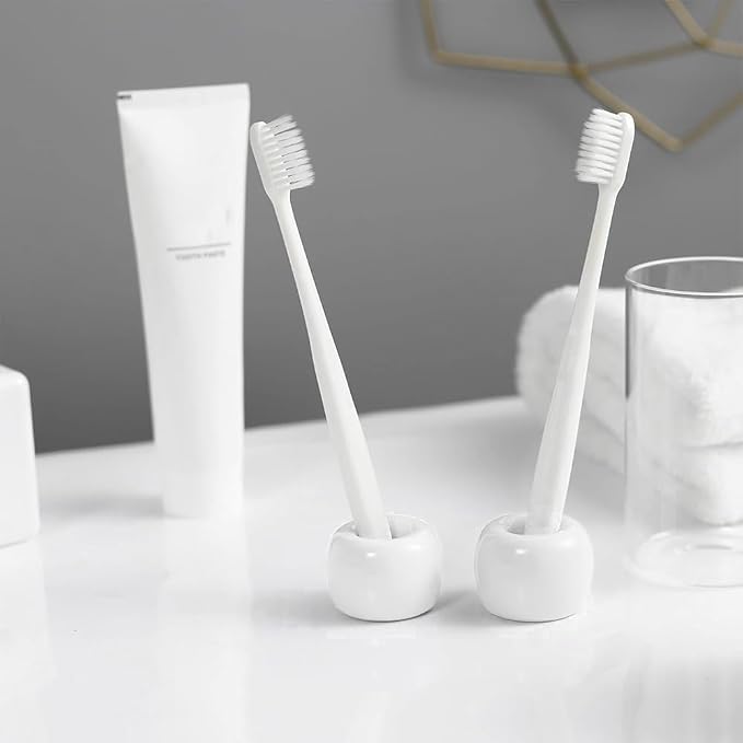Mini Ceramics Toothbrush Holder Stand for Bathroom Vanity Countertop, Handmade Couple Toothbrush Head Holder, Shaver Holder and Office Pen Holder, 2-Piece Set White