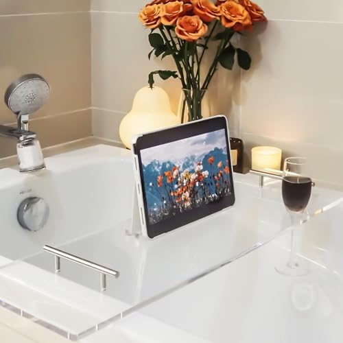 Acrylic Bathtub Tray Clear Bathtub Caddy Bath Tray Table for Tub Luxury Spa with Book and Wine Glass Holder Bathroom Accessories for Bathroom Decoration, Transparent 39.3inch