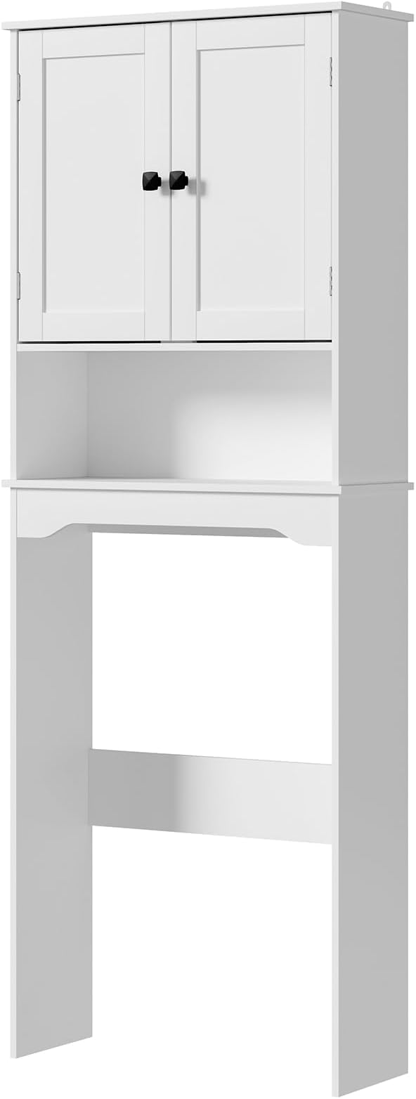 RRX Over The Toilet Storage Cabinet, Bathroom Above Organizer (Pure White) | Free Standing Toilet Rack with Adjustable Shelf and Open Storage, Double Doors, Space Saver, 24.8" L x 9.1 "W x 65.7 "H