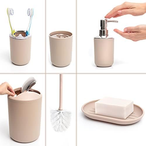 Moss & Stone 6-Piece BeigeBathroom Accessories Set, Soap Dispenser | Modern Plastic Bathroom Set with Toothbrush Holder, Soap Dish, Cup & Trash Can for Countertop Organization and Bathroom Decor
