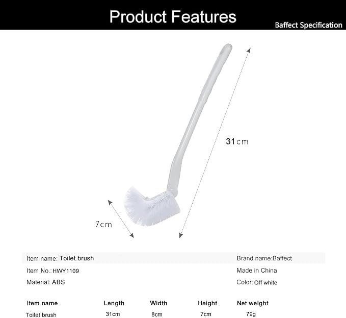 Baffect Curved Toilet Brush with Long Anti-Slip Grip Handle (Plastic) | Toilet Cleaning Brushes Strong Decontamination Hanging Portable Toilet Bowl Brush Bathroom Accessories
