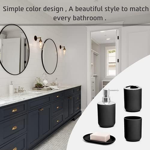Moss & Stone 6-Piece Black Bathroom Accessories Set, Soap Dispenser | Modern Plastic Bathroom Set with Toothbrush Holder, Soap Dish, Cup & Trash Can for Countertop Organization and Bathroom Decor