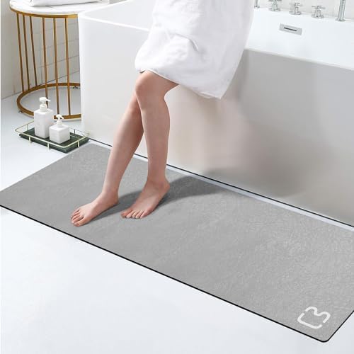 Extra Long Bathroom Runner Large Stone Bath Mats for Bathroom,17"x59"Grey | Non Slip Rubber Backed Quick Dry Super Absorbent Diatomaceous Earth Bath Mat Extra Long Thin Diatomite Bathroom Mat Runner