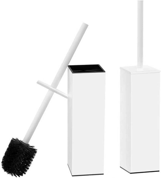 RUACQ Toilet Brush and Holder Set, Square, White, 2 Pack | SUS304 Stainless Steel Handle, Toilet Cleaner Brush with Durable Scrubbing Bristles, Splash-Proof