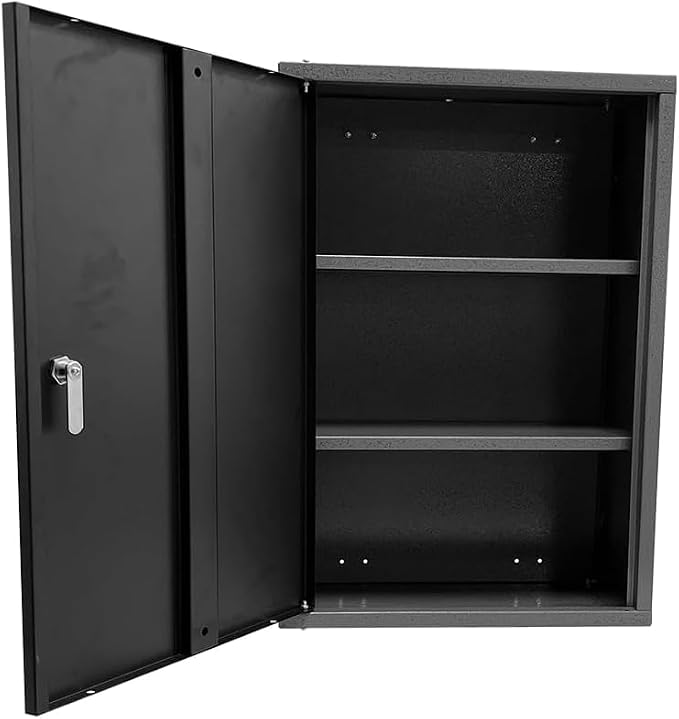JZD Metal Wall Mounted Storage Lockable Garage Cabinet with 2 Removable Shelves, Black & Grey
