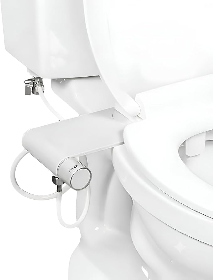 Rear & Feminine Right Handed Ultra Thin Bidet Attachment for Toilet with Self Cleaning Dual Nozzles - No Wiring Needed - Easy DIY Install - Includes Hybrid Brass 3-way T with ON/OFF & Travel Bidet