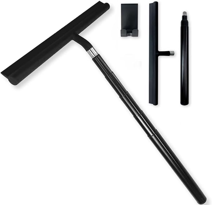 Black Telescopic Shower Squeegee for Glass Doors, Tile Shower Walls. Comes with Suction Hook, Great for Shower Glass