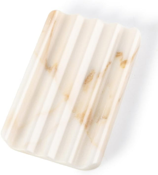 Natural Marble Soap Dish for Bathroom Shower, White Gold Marble Soap Tray for Bathroom, Stone Soap Tray for Sink, Stripe Grooves Soap Saver Keep Soap Bars Dry Easy Clean