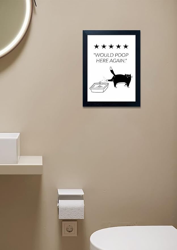 Funny Bathroom Wall Art Would Poop Here Again Framed Black and White Cat Bathroom Wall Decor Bathroom Sign Print Paintings for Home Decor