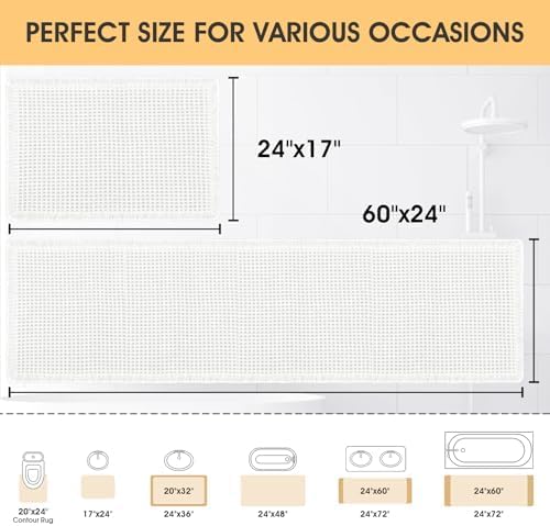 Waffle Bath Mat Set 2 Piece White,Woven Modern Bath Rug Mats, Absorbent Non Slip Bath Floor Mat, Soft Washable Boho Bath Rugs with Tassels for Bathroom, Bedroom, Kitchen,Tub