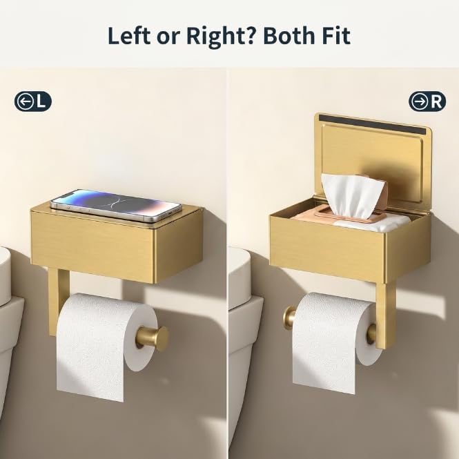 FORIOUS Toilet Paper Holder with Shelf, Wall-Mounted Modern Wipes Dispenser | Brushed Gold | Toilet Paper Holder with Storage | Baby Wipes Dispenser for Bathroom | 6.5"x4.5" Lighter Shelf