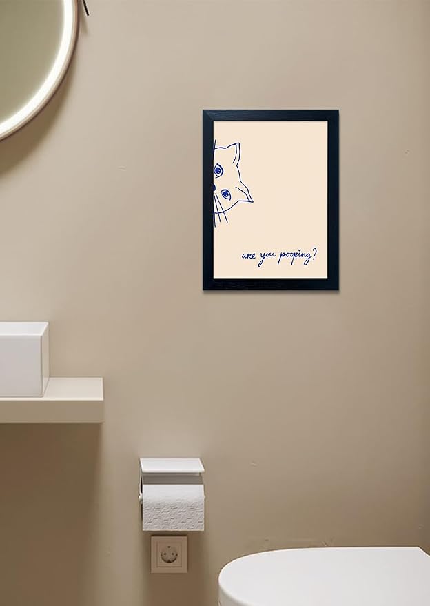Are You Pooping Bathroom Sign Cat Toilet Decor Funny Bathroom Wall Art Framed Blue Cat Canvas Print Poster Minimalist Animal Painting