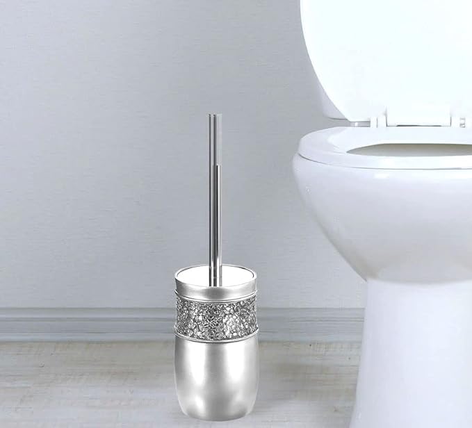 Creative Scents Crackled Glass Toilet Brush with Holder - Silver Toilet Bowl Cleaner Brush and Holder - Good Grip, Deep Cleaning, Decorative Design Compact Toilet Bowl Scrubber