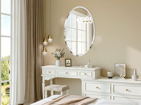 Frameless Oval Mirror, 22"x30" Beveled Bathroom Vanity Mirrors | 20mm beveled edge, 5mm HD glass, frameless, anti-rust, shatterproof, french cleat, horizontally or vertically