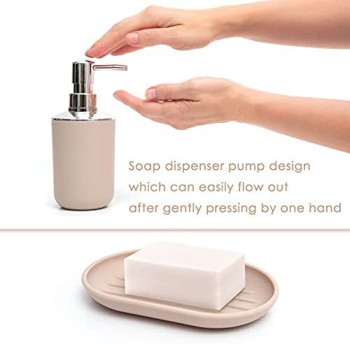 Moss & Stone 6-Piece BeigeBathroom Accessories Set, Soap Dispenser | Modern Plastic Bathroom Set with Toothbrush Holder, Soap Dish, Cup & Trash Can for Countertop Organization and Bathroom Decor