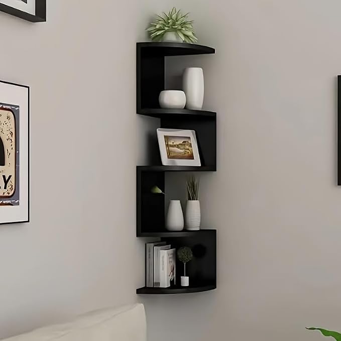 5-Tier Corner Shelf Wall Mount, Screw-Mounted Floating Bookshelf with Enhanced Support, Space-Saving Zigzag Shelf for Bedroom, Living Room, Office, Garage – (Black)