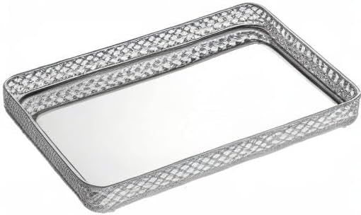 ELLDOO Silver Mirror Glass Perfume & Makeup Vanity Tray, Large Size | Hollow-Carved Jewelry Storage, Metal Trinket Organizer for Dresser Bathroom Countertop Home Decor