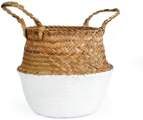 Woven Seagrass Belly Basket for Storage, Laundry, Picnic, Plant Pot Cover, and Grocery and Toy Storage (Large, White)