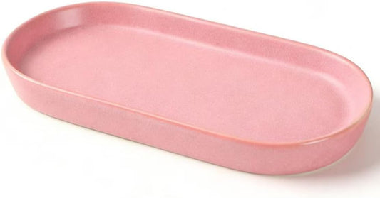 Matte Pink Ceramic Bathroom Tray for Countertop, Aesthetic Vanity Organizer Dish for Perfume, Jewelry & Soap, Oval Decorative Tray for Bathroom Sink, Dresser, Coffee Bar, Minimalist Home Decor