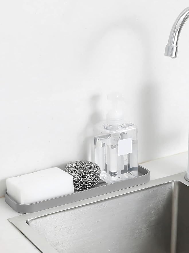 MicoYang Silicone Kitchen Sink Organizer Tray for Multiple Usage,Eco-Friendly Sponges Holder for Kitchen Bathroom Counter or Sink,Dish Soap Dispenser,Scrubber,Bottle,Cup (Grey, 12"×4")