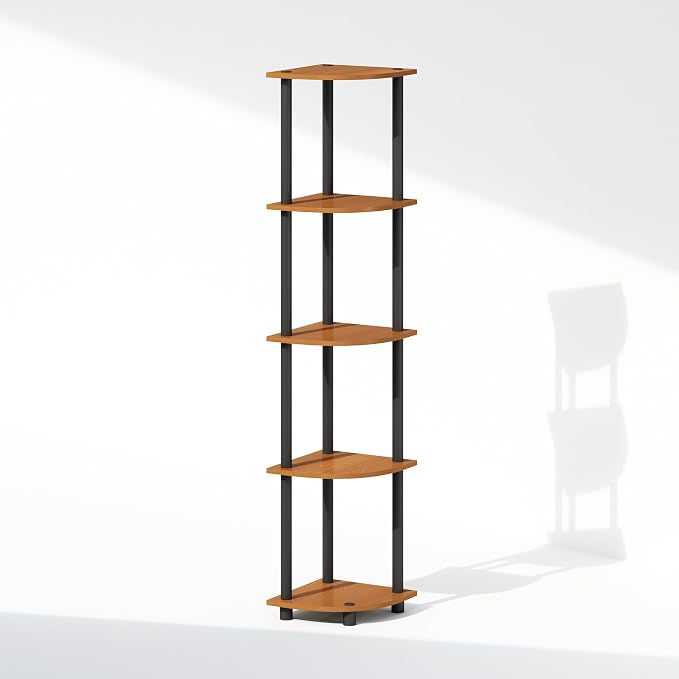 Furinno Turn-N-Tube Storage Shelves, 5-Tier Book Shelf, Corner Shelf, Toolless Open Shelves, for Organization and Storage, Living Room, Home Office, Hallway, Bedroom, Light Cherry