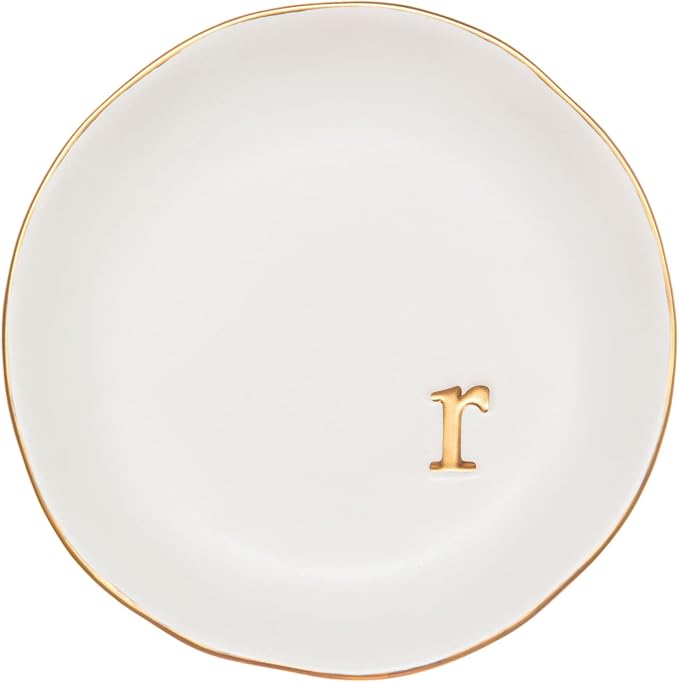 COLLECTIVE HOME Ceramic Jewelry Tray, Trinket Dish, Gifts for Women (R) | Mother's Day, Birthday, Christmas, Engagement Gifts, Vanity, Nightstand Decor, Embossed Gold Monogram Ring Dish with Gift Box