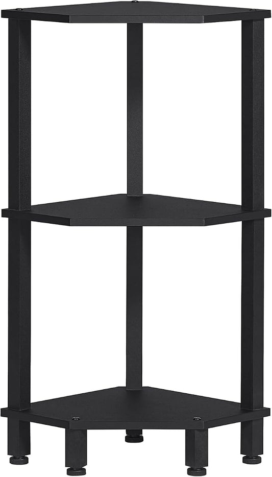 YUFAM 3-Tier Corner Shelf, Black | Wooden Small Corner Table with Sturdy 5-Leg Base, Wooden Corner Bookshelf for Adjustable Base