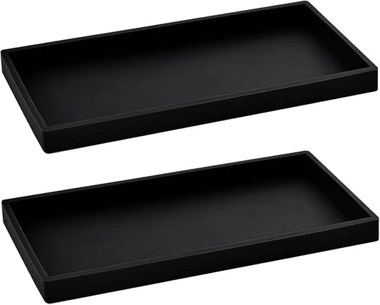 2PCS 11.8” L x 5” W Silicone Soap Dispenser Tray, Bathroom Sink Vanity Trays for Dresser Tops, Toilet, Small Black Tray for Scrubber, Lotion Bottles, Perfume, Jewelry, Candle, Key Trinket Ring-Black